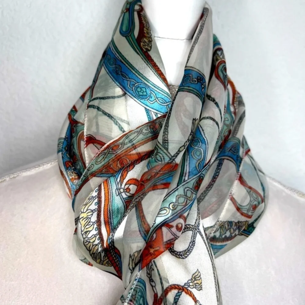 Satin & Sheer Ivory Rust & Blue Printed Scarf Ascot Hair Wrap